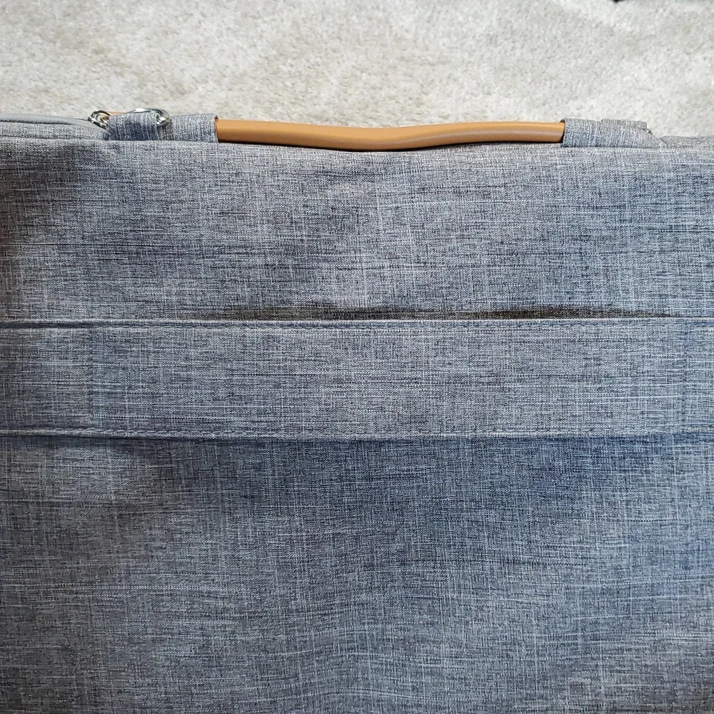 Gray Mosiso Laptop Bag with Tan Accents. Multiple Pockets And Carry Strap. EUC